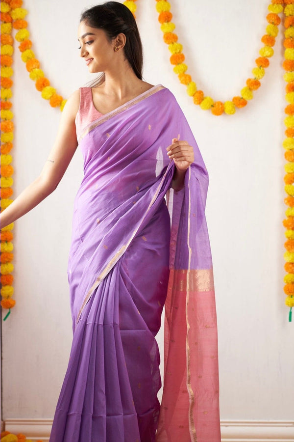 Twilight Lavender Maheshawari Cotton Silk Saree - Shop authentic Indian Women's Fashion by Silk Folks