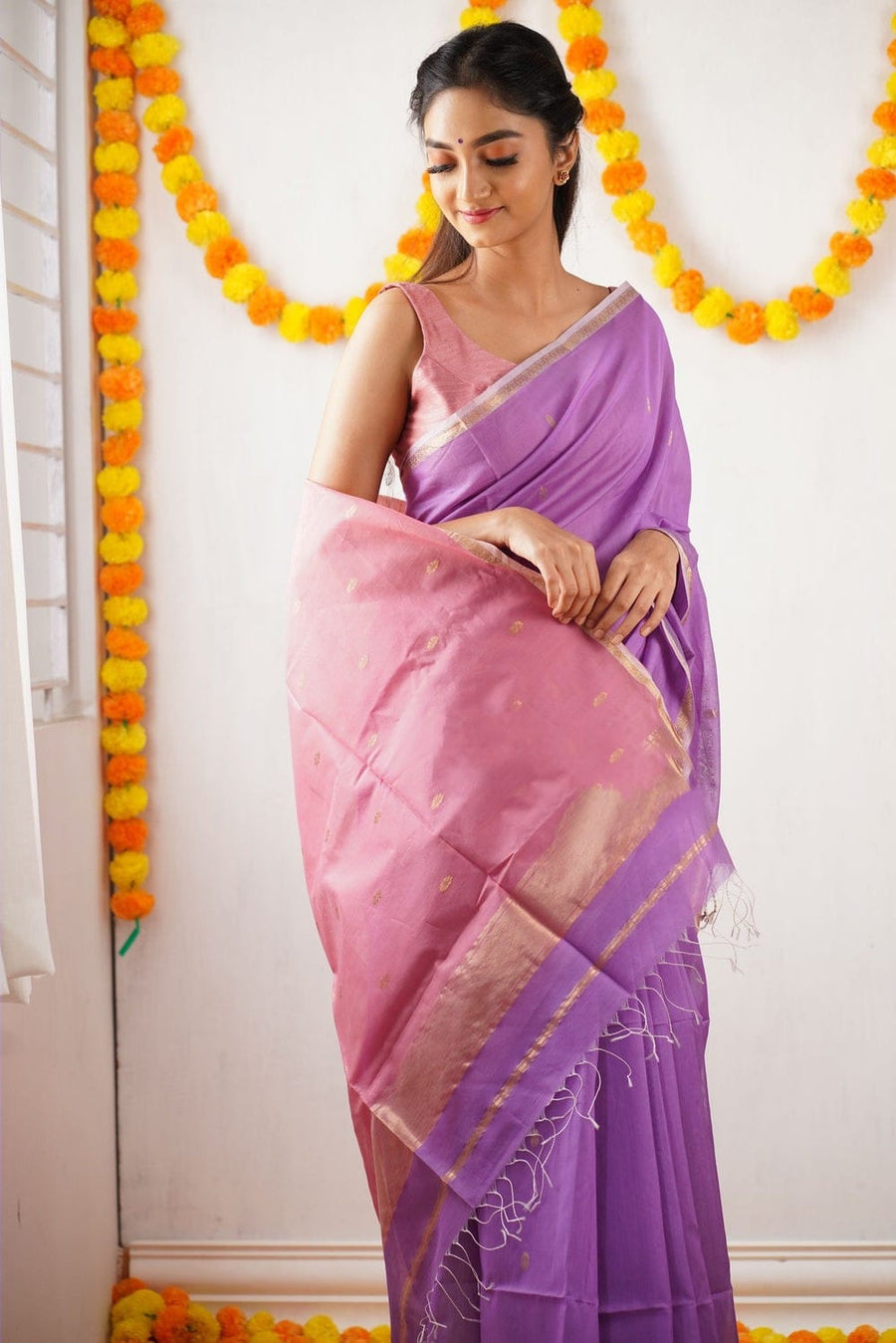 Twilight Lavender Maheshawari Cotton Silk Saree - Shop authentic Indian Women's Fashion by Silk Folks