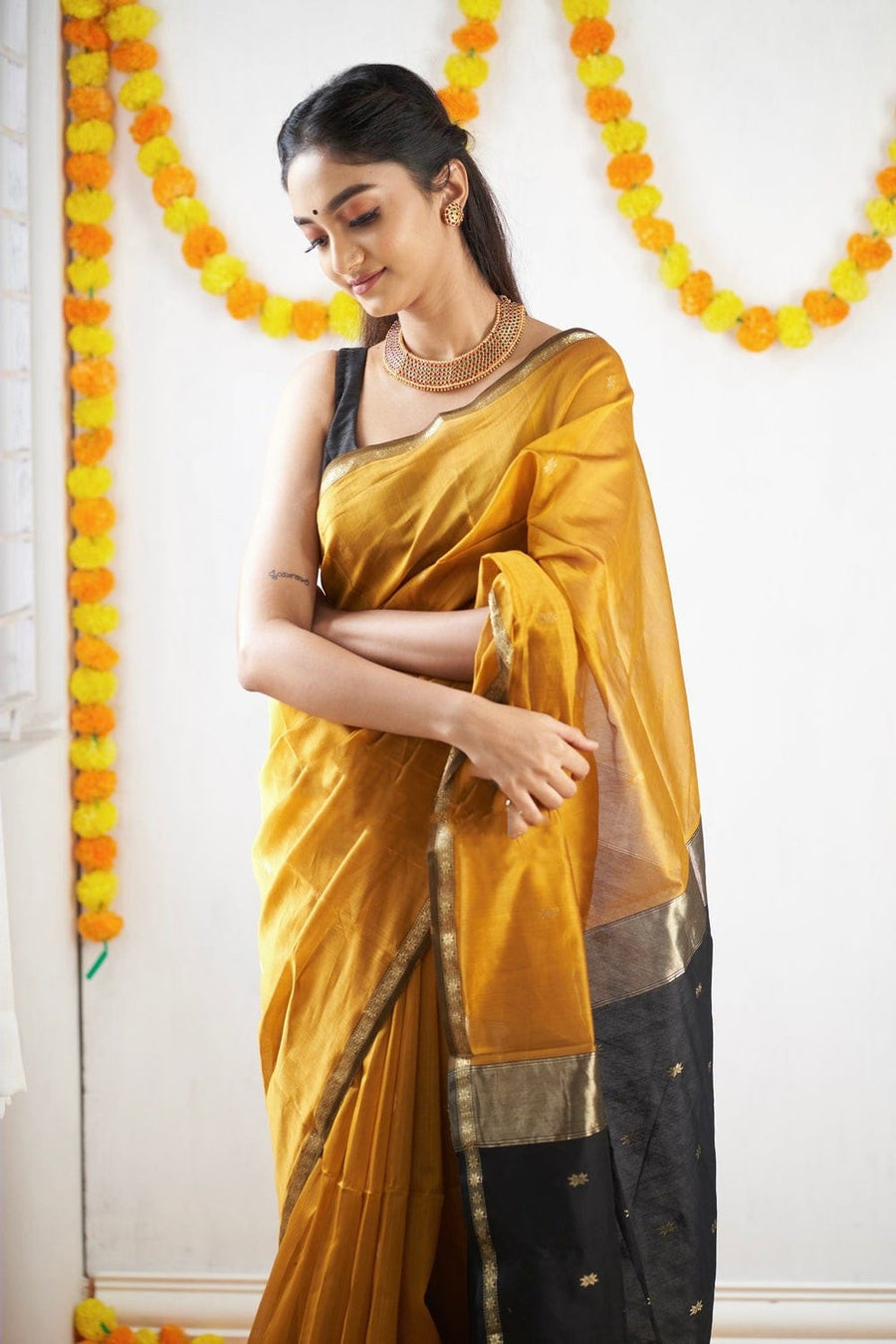 Pumpkin Mustard Maheshawari Cotton Silk Saree - Shop authentic Indian Women's Fashion by Silk Folks