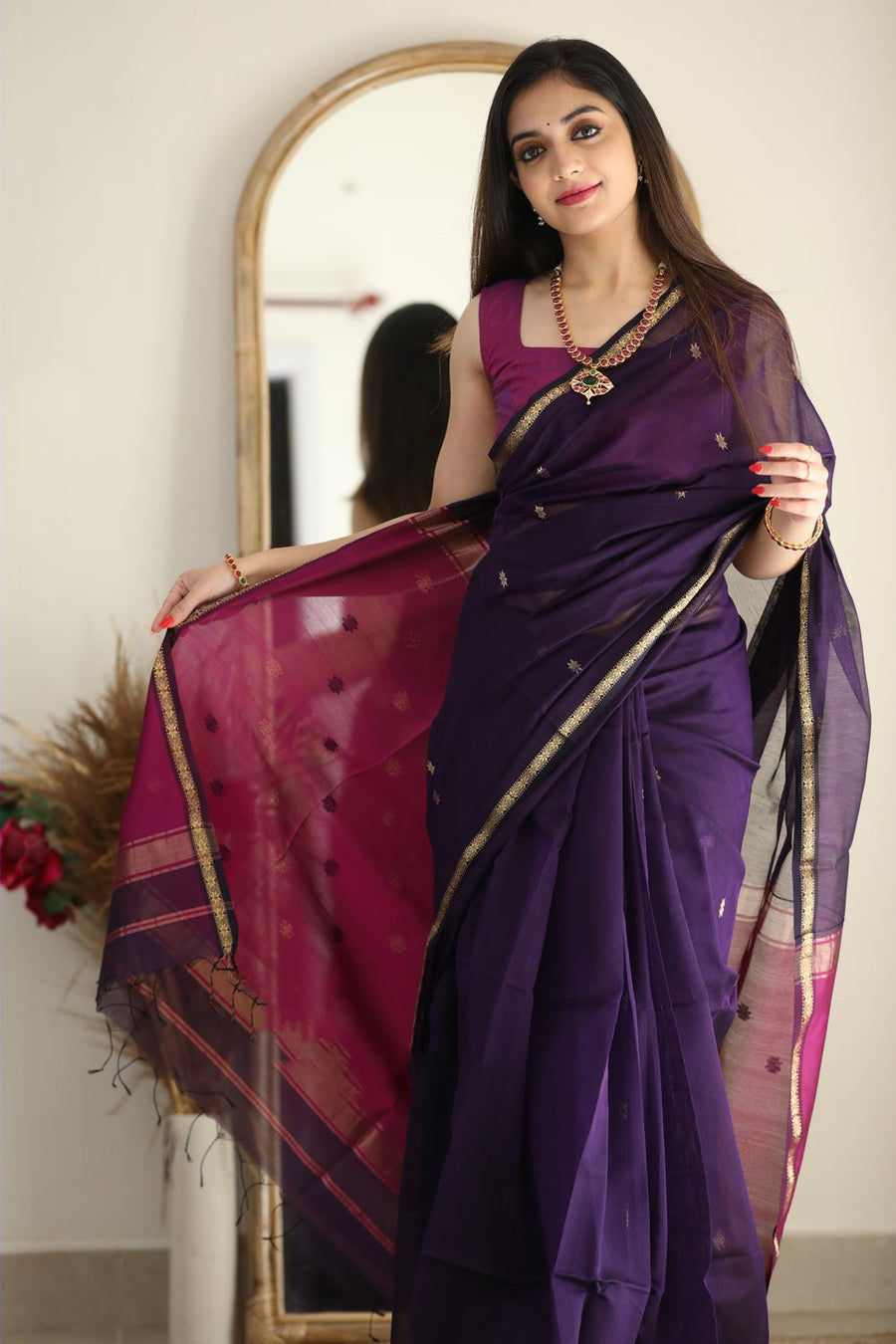 Palatinate Purple Maheshawari Cotton Silk Saree - Shop authentic Indian Women's Fashion by Silk Folks