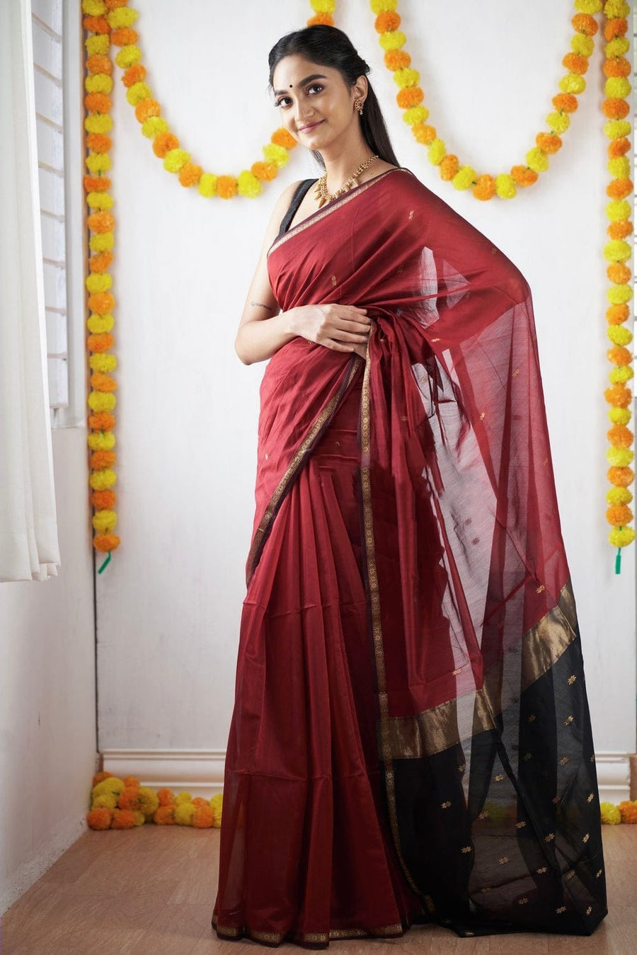 Brick Red Maheshawari Cotton Silk Saree - Shop authentic Indian Women's Fashion by Silk Folks