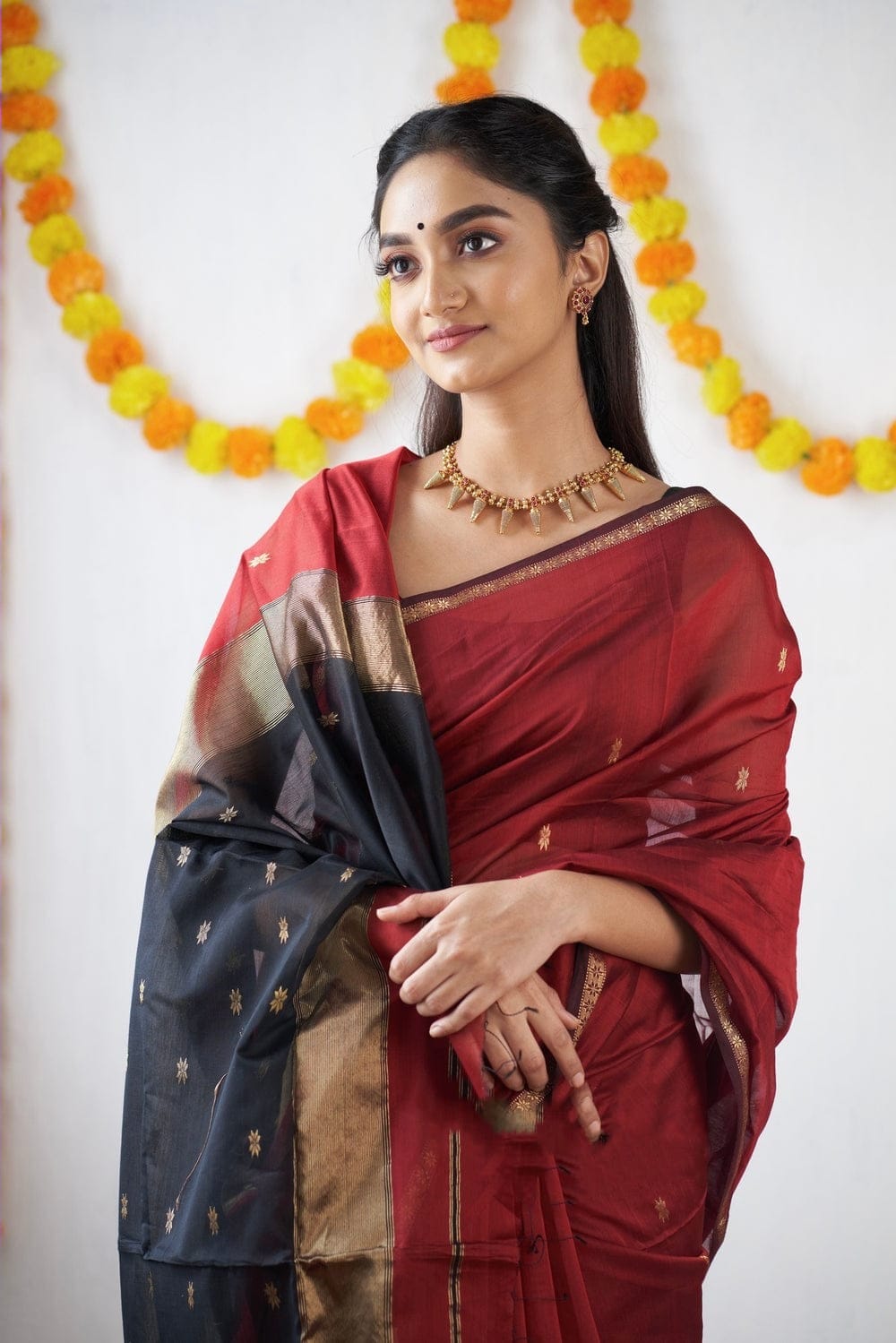 Brick Red Maheshawari Cotton Silk Saree - Shop authentic Indian Women's Fashion by Silk Folks
