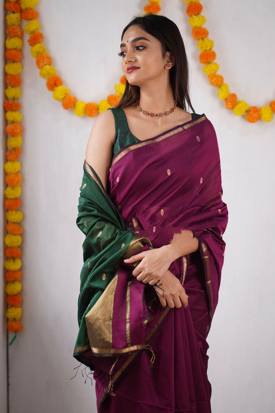 Grape Purple Maheshawari Cotton Silk Saree - Shop authentic Indian Women's Fashion by Silk Folks