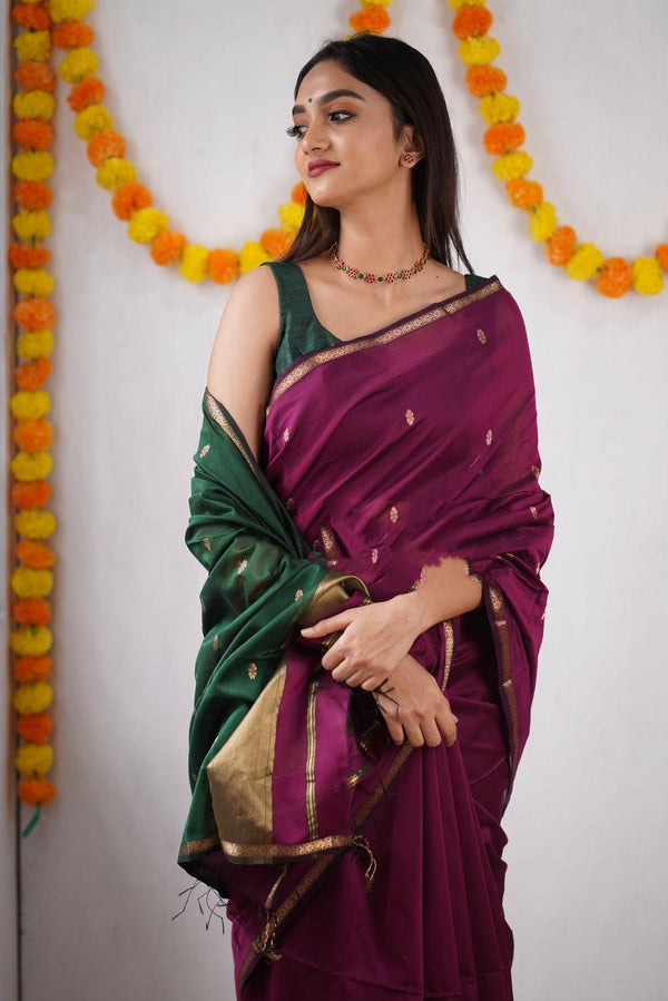 Grape Purple Maheshawari Cotton Silk Saree - Shop authentic Indian Women's Fashion by Silk Folks