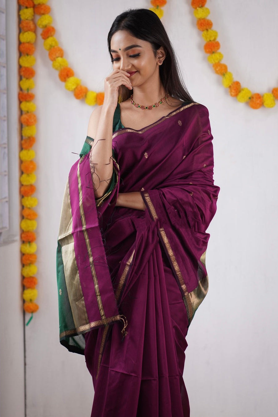 Grape Purple Maheshawari Cotton Silk Saree - Shop authentic Indian Women's Fashion by Silk Folks