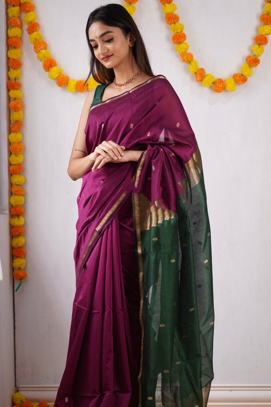 Grape Purple Maheshawari Cotton Silk Saree - Shop authentic Indian Women's Fashion by Silk Folks