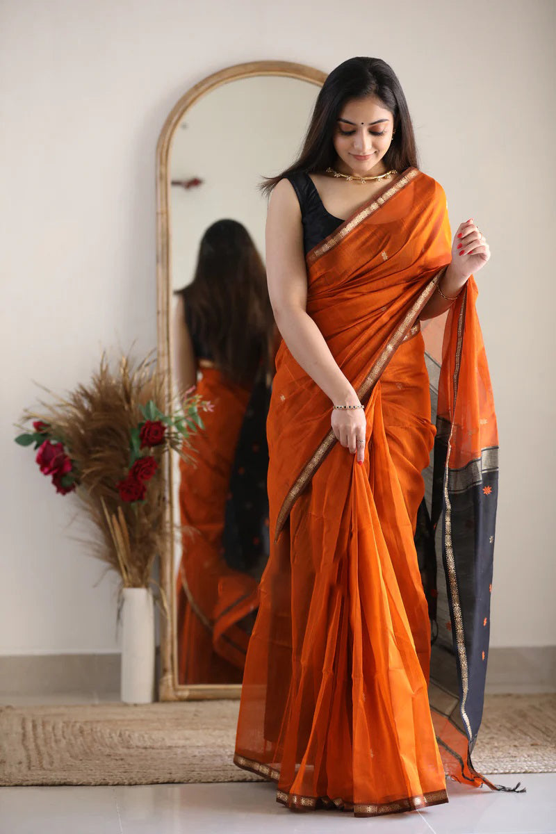 Rusty Orange Maheshawari Cotton Silk Saree - Shop authentic Indian Women's Fashion by Silk Folks