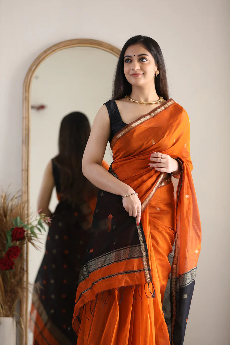 Rusty Orange Maheshawari Cotton Silk Saree - Shop authentic Indian Women's Fashion by Silk Folks