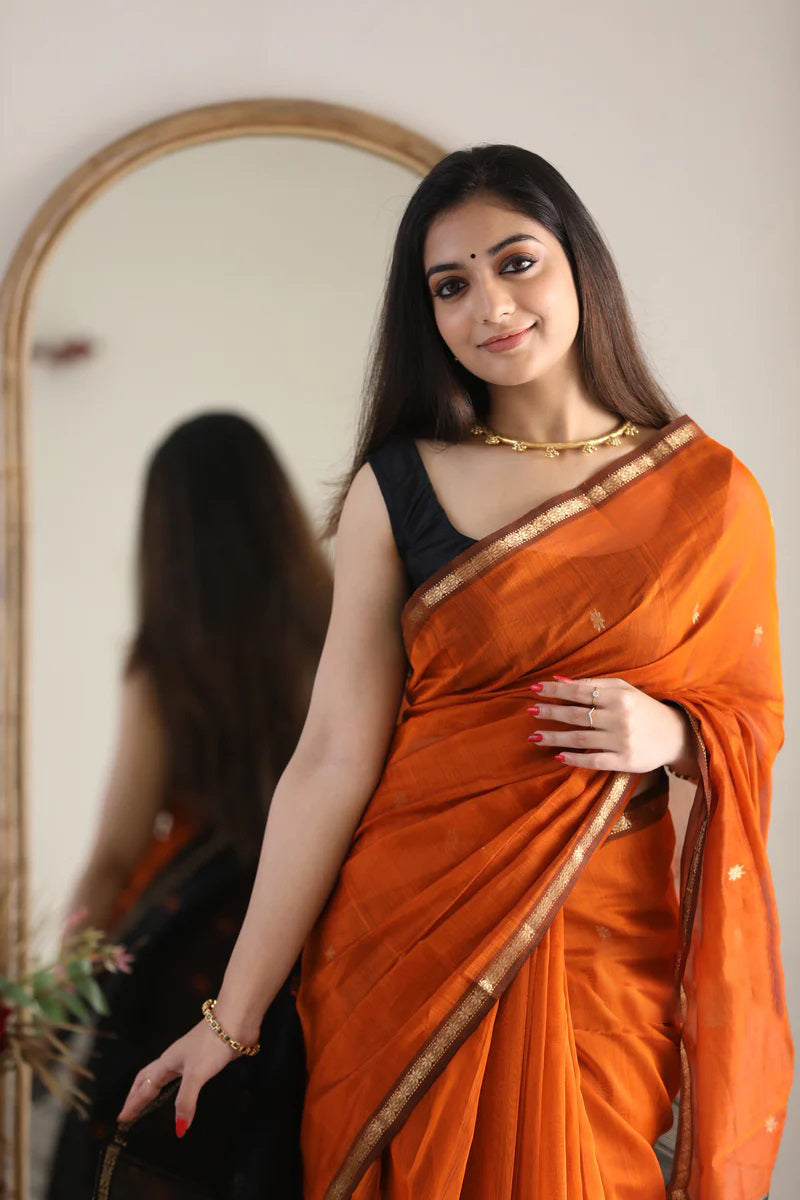 Rusty Orange Maheshawari Cotton Silk Saree - Shop authentic Indian Women's Fashion by Silk Folks