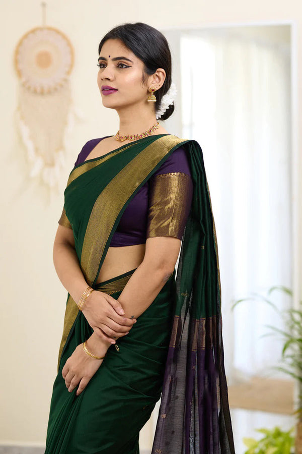 Midnight Green Maheshawari Cotton Silk Saree - Shop authentic Indian Women's Fashion by Silk Folks
