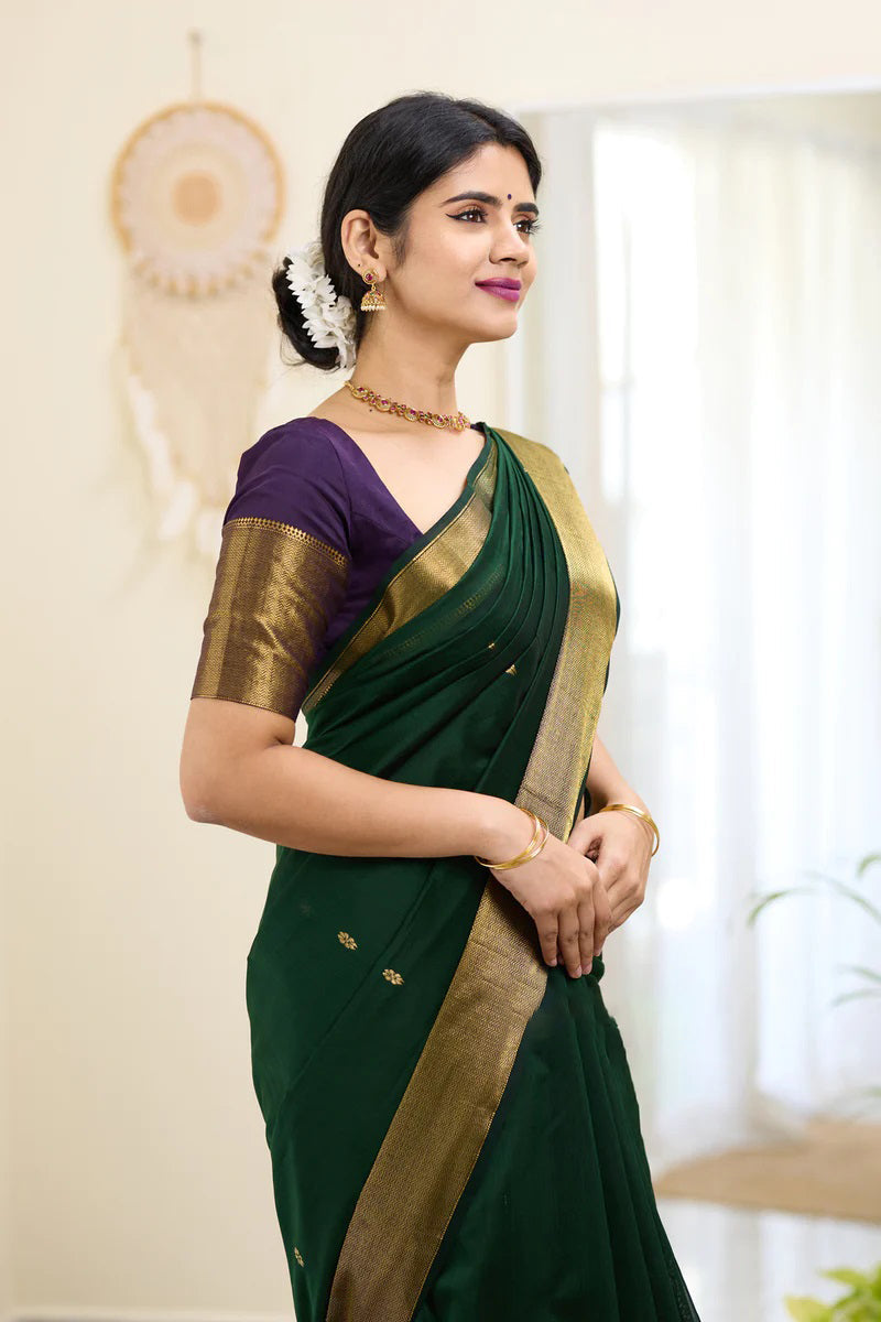 Midnight Green Maheshawari Cotton Silk Saree - Shop authentic Indian Women's Fashion by Silk Folks