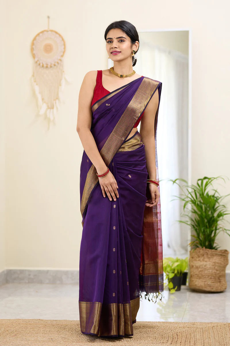 Honey Purple Maheshawari Cotton Silk Saree - Shop authentic Indian Women's Fashion by Silk Folks
