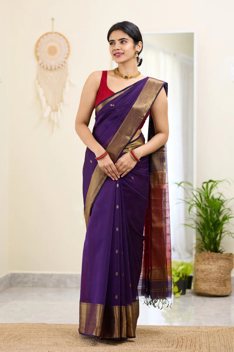Honey Purple Maheshawari Cotton Silk Saree - Shop authentic Indian Women's Fashion by Silk Folks