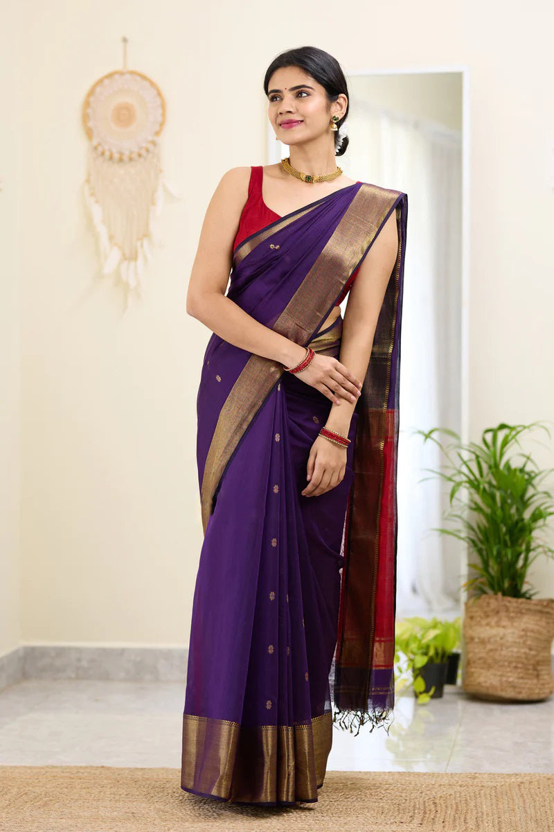 Honey Purple Maheshawari Cotton Silk Saree - Shop authentic Indian Women's Fashion by Silk Folks
