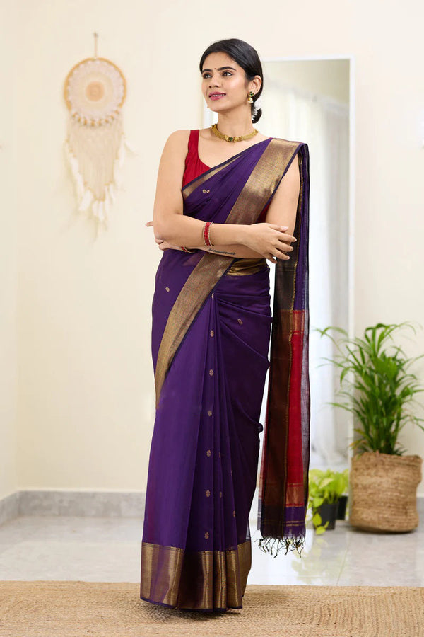 Honey Purple Maheshawari Cotton Silk Saree - Shop authentic Indian Women's Fashion by Silk Folks
