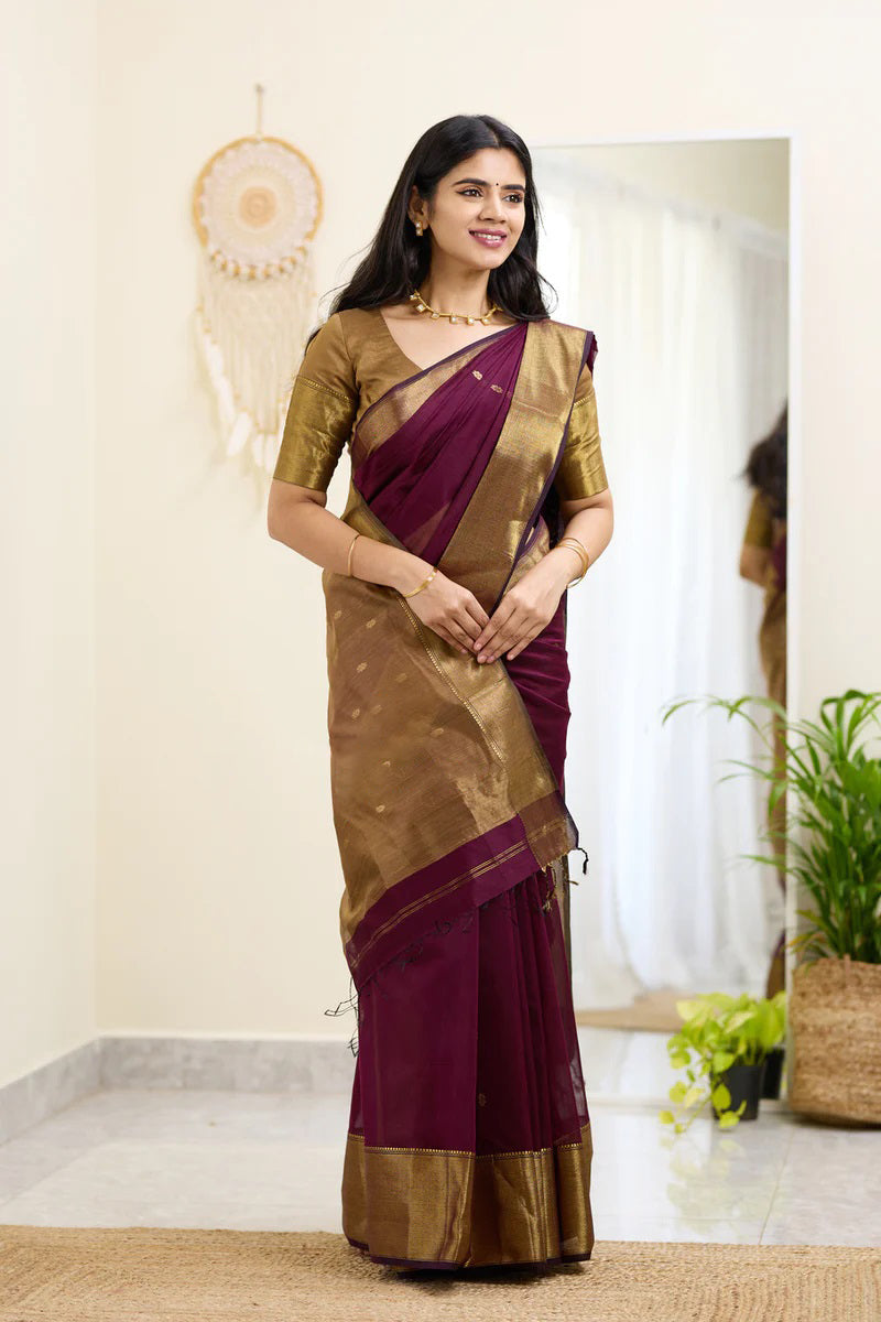 Cocoa Wine Maheshawari Cotton Silk Saree - Shop authentic Indian Women's Fashion by Silk Folks