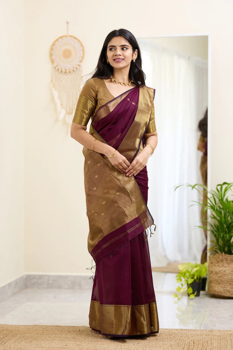 Cocoa Wine Maheshawari Cotton Silk Saree - Shop authentic Indian Women's Fashion by Silk Folks