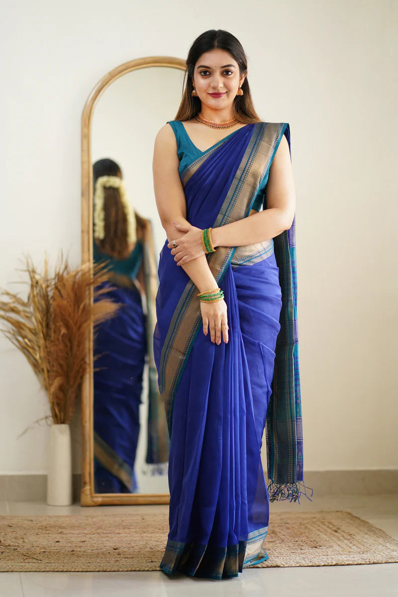 Gulf Blue Maheshawari Cotton Silk Saree - Shop authentic Indian Women's Fashion by Silk Folks