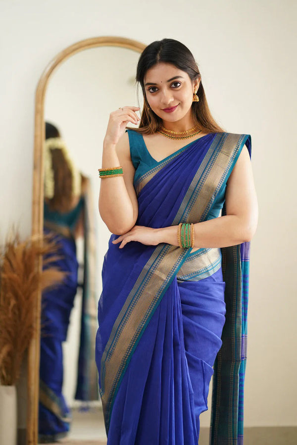 Gulf Blue Maheshawari Cotton Silk Saree - Shop authentic Indian Women's Fashion by Silk Folks