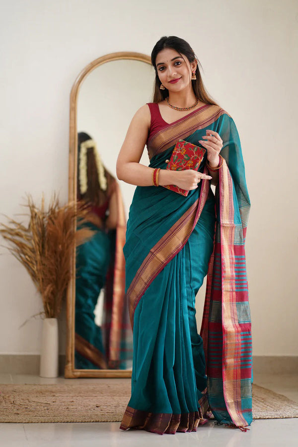 Aqua Deep Maheshawari Cotton Silk Saree - Shop authentic Indian Women's Fashion by Silk Folks