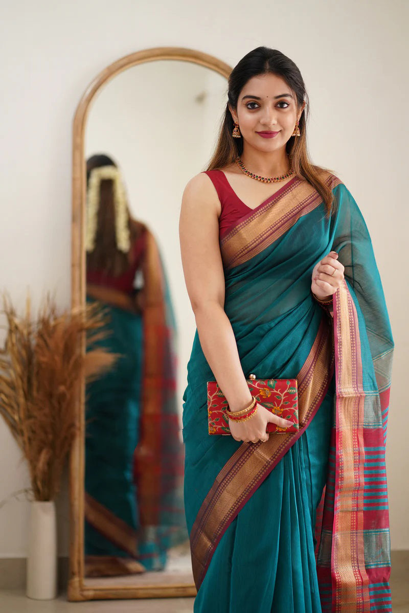 Aqua Deep Maheshawari Cotton Silk Saree - Shop authentic Indian Women's Fashion by Silk Folks