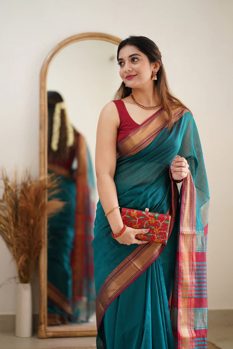 Aqua Deep Maheshawari Cotton Silk Saree - Shop authentic Indian Women's Fashion by Silk Folks