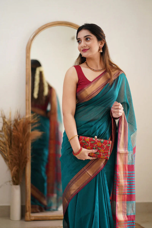 Aqua Deep Maheshawari Cotton Silk Saree - Shop authentic Indian Women's Fashion by Silk Folks