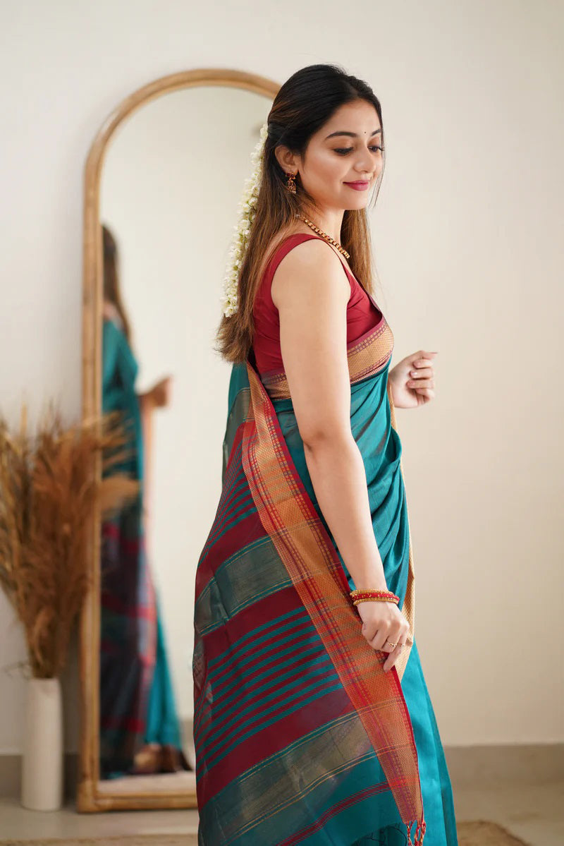 Aqua Deep Maheshawari Cotton Silk Saree - Shop authentic Indian Women's Fashion by Silk Folks