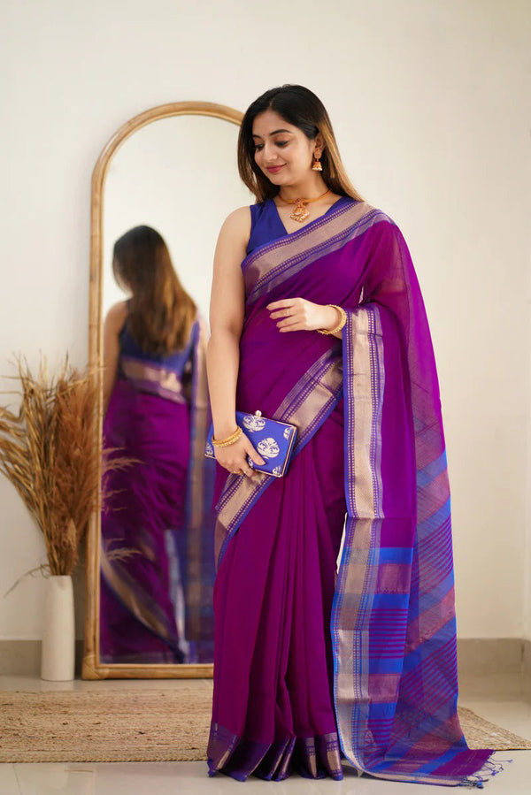 Rich Purple Maheshawari Cotton Silk Saree - Shop authentic Indian Women's Fashion by Silk Folks