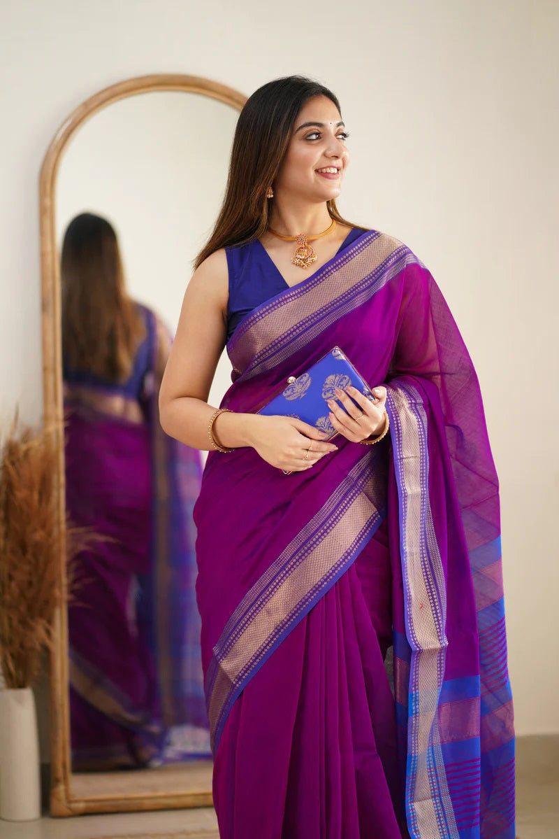 Rich Purple Maheshawari Cotton Silk Saree - Shop authentic Indian Women's Fashion by Silk Folks