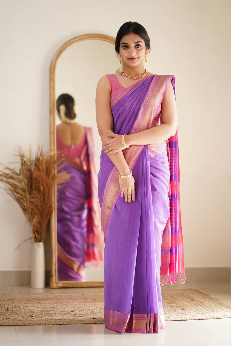 Deep Lavender Maheshawari Cotton Silk Saree - Shop authentic Indian Women's Fashion by Silk Folks