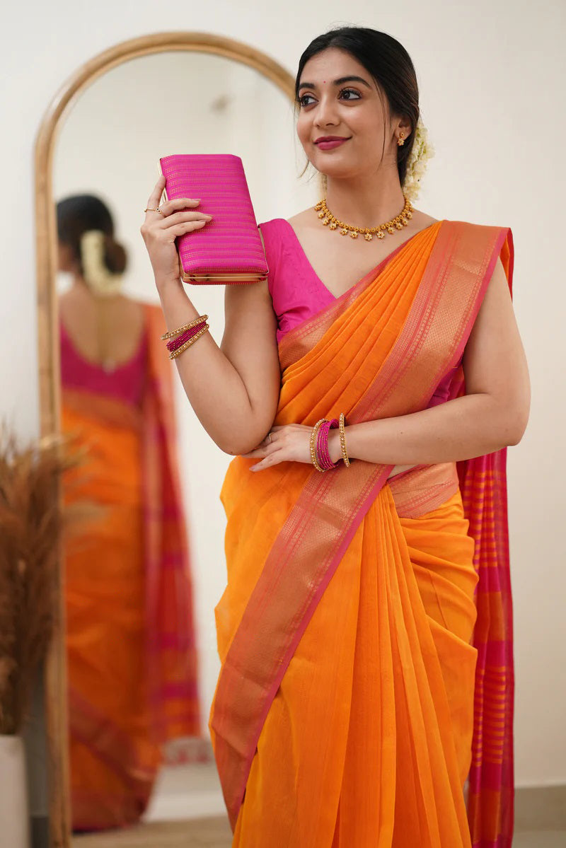 Fanta Orange Maheshawari Cotton Silk Saree - Shop authentic Indian Women's Fashion by Silk Folks