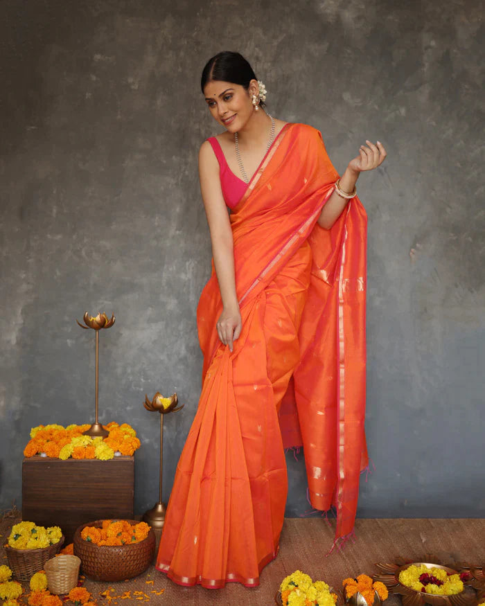 Sunset Orange Maheshawari Cotton Silk Saree - Shop authentic Indian Women's Fashion by Silk Folks
