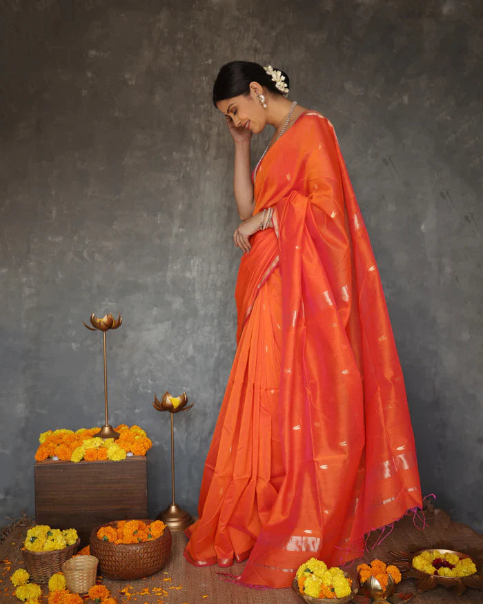 Sunset Orange Maheshawari Cotton Silk Saree - Shop authentic Indian Women's Fashion by Silk Folks