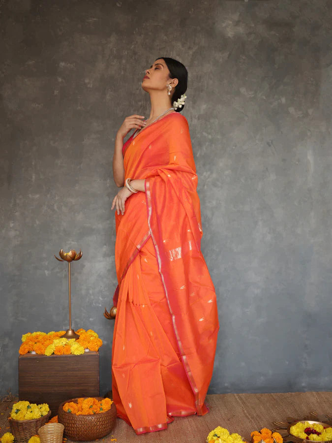 Sunset Orange Maheshawari Cotton Silk Saree - Shop authentic Indian Women's Fashion by Silk Folks