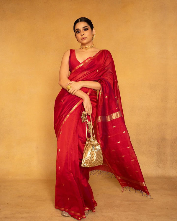 Valentine Red Maheshawari Cotton Silk Saree - Shop authentic Indian Women's Fashion by Silk Folks