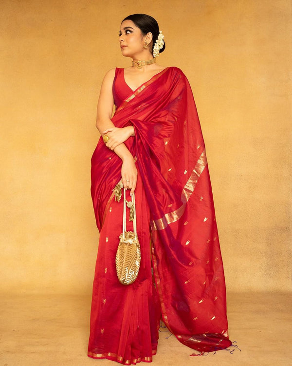 Valentine Red Maheshawari Cotton Silk Saree - Shop authentic Indian Women's Fashion by Silk Folks