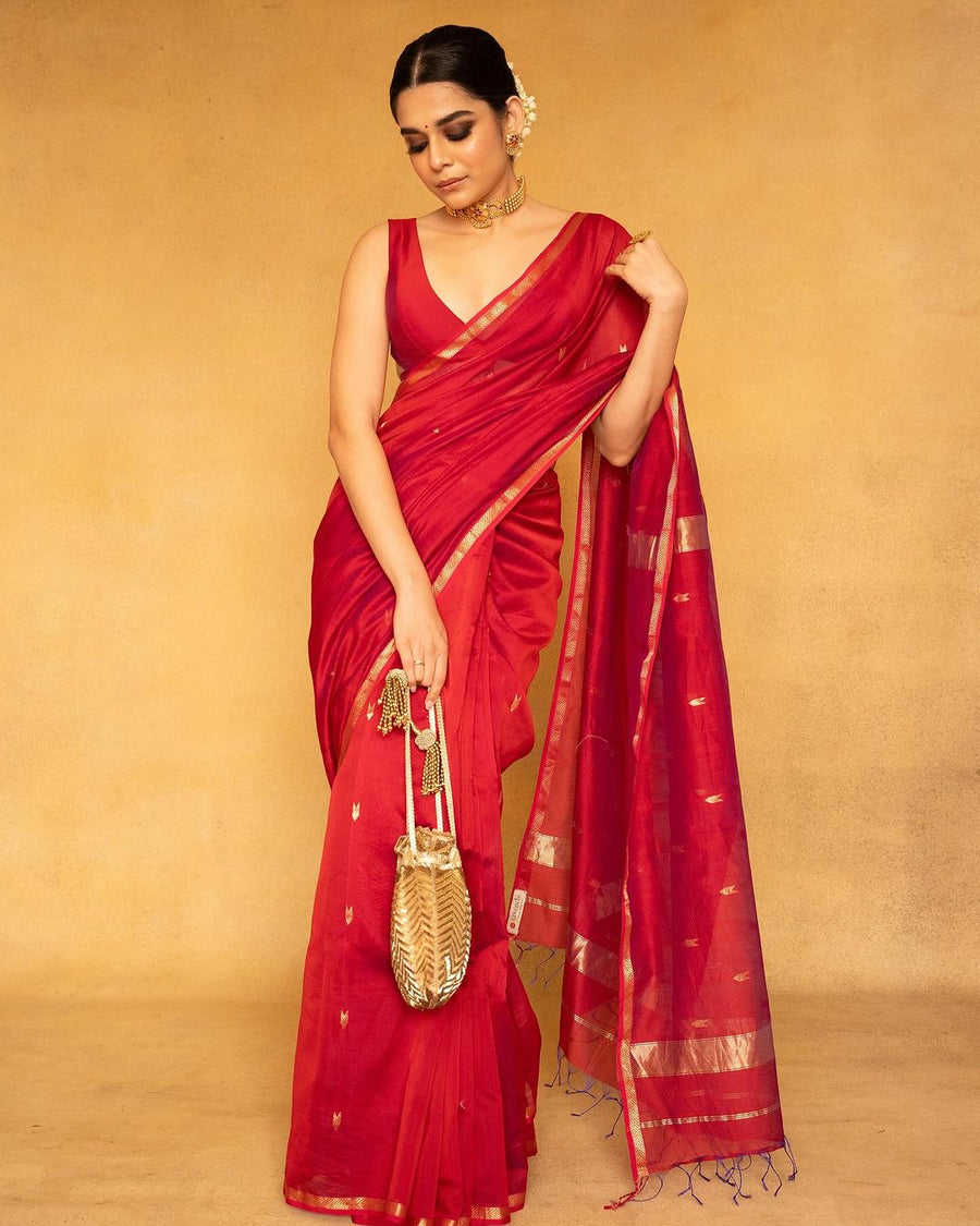 Valentine Red Maheshawari Cotton Silk Saree - Shop authentic Indian Women's Fashion by Silk Folks