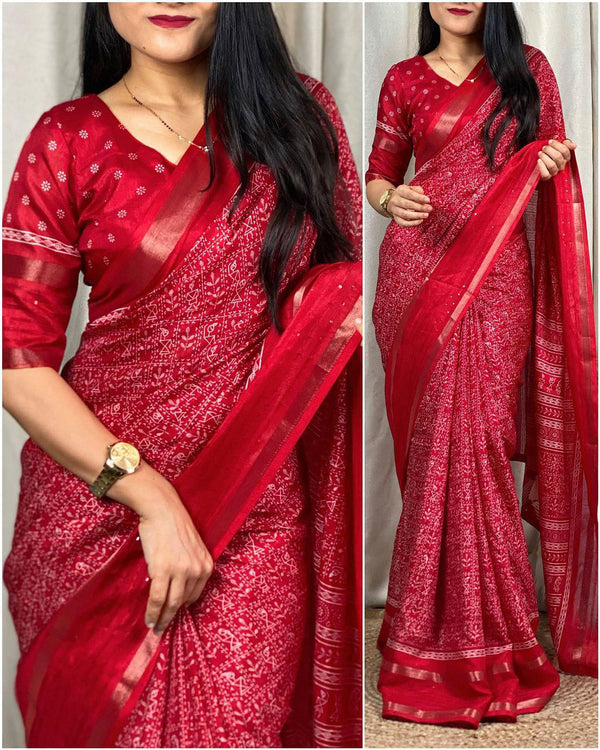 Innovative Red Digital Printed Dola Silk Saree With Lovely Blouse Piec - Shop authentic Indian Women's Fashion by Silk Folks