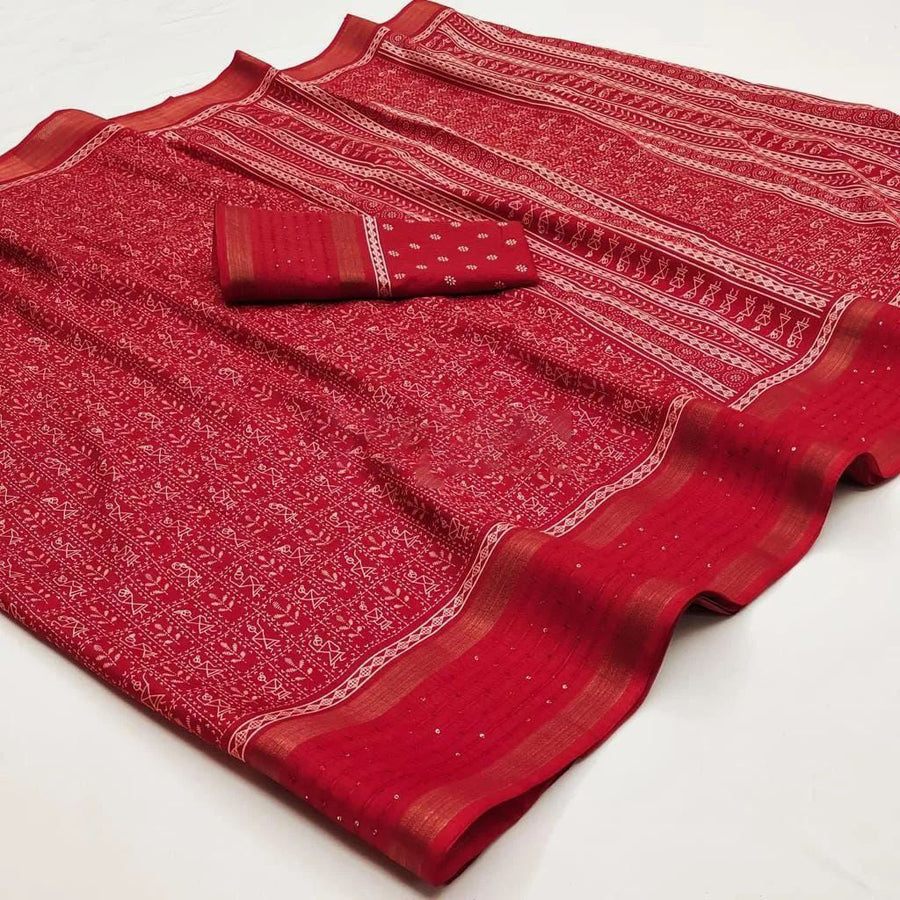 Innovative Red Digital Printed Dola Silk Saree With Lovely Blouse Piec - Shop authentic Indian Women's Fashion by Silk Folks
