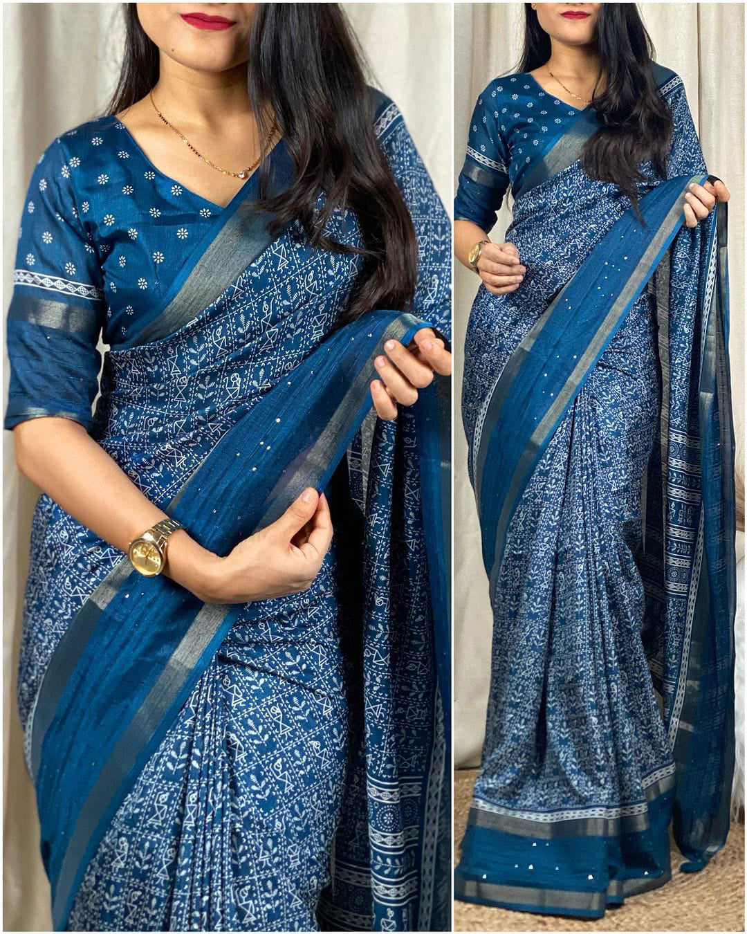 Elegant Rama Digital Printed Dola Silk Saree With Outstanding Blouse P - Shop authentic Indian Women's Fashion by Silk Folks