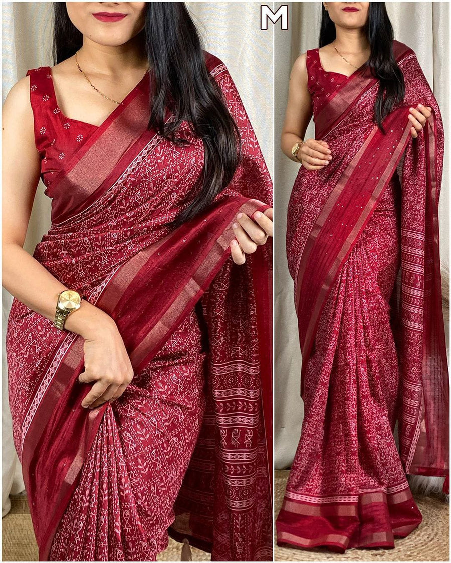 Flattering Maroon Digital Printed Dola Silk Saree With Arresting Blous - Shop authentic Indian Women's Fashion by Silk Folks