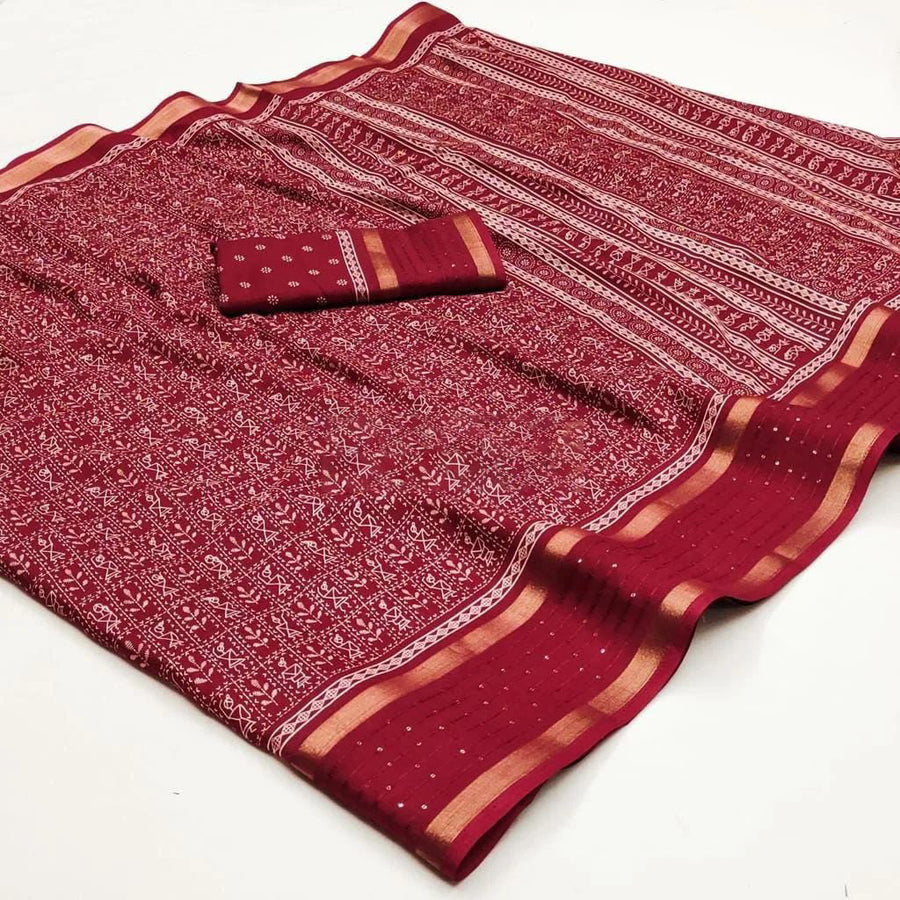 Flattering Maroon Digital Printed Dola Silk Saree With Arresting Blous - Shop authentic Indian Women's Fashion by Silk Folks