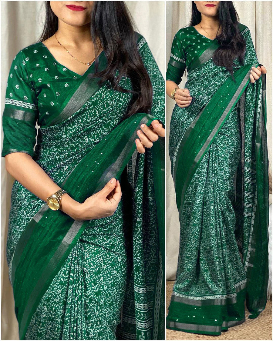 Pretty Dark Green Digital Printed Dola Silk Saree With Demesne Blouse  - Shop authentic Indian Women's Fashion by Silk Folks