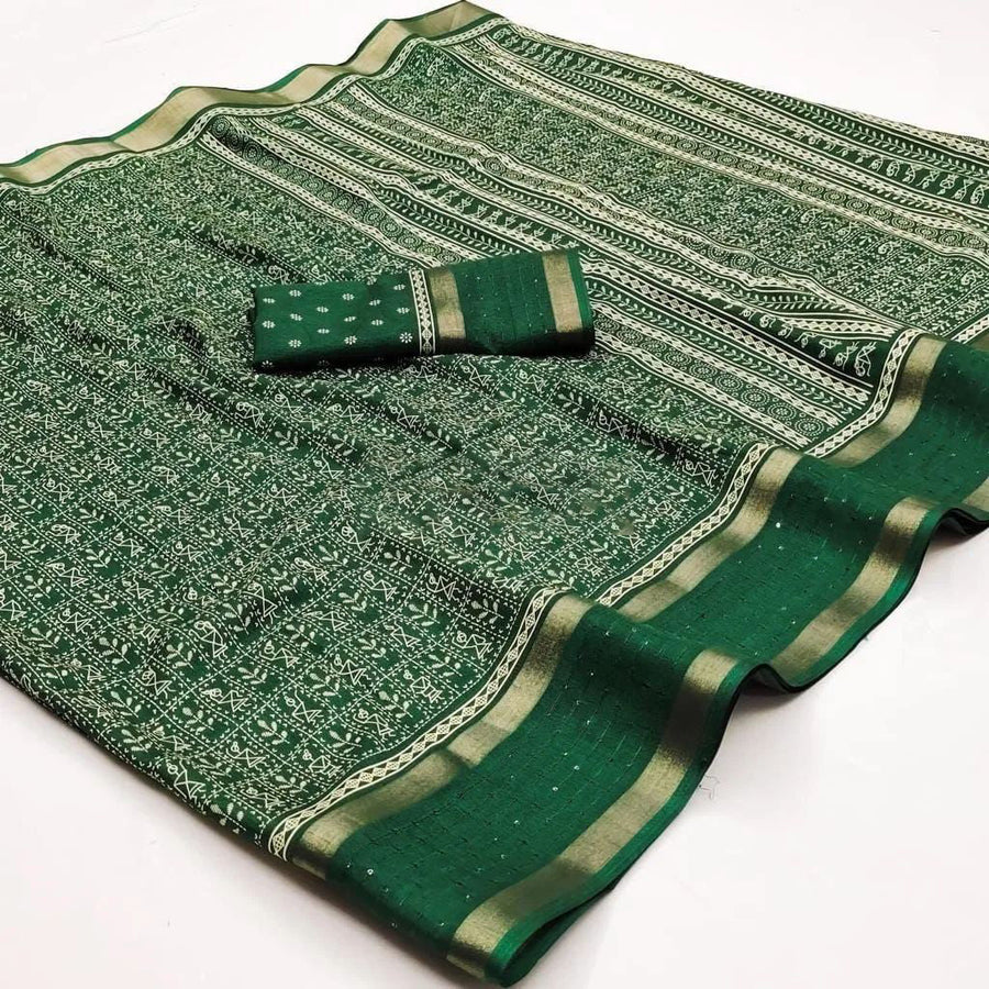 Pretty Dark Green Digital Printed Dola Silk Saree With Demesne Blouse  - Shop authentic Indian Women's Fashion by Silk Folks