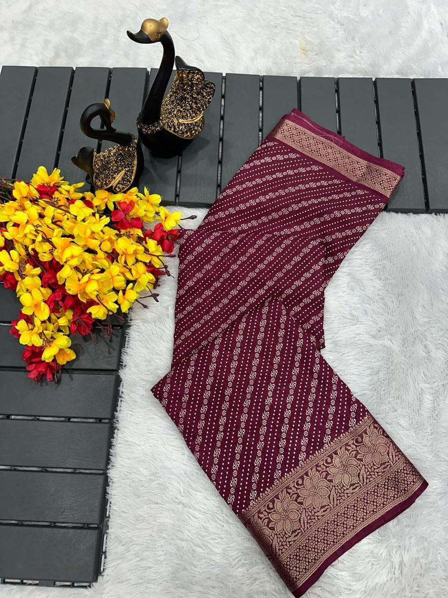 Wonderful Wine Digital Printed Dola Silk Saree With Scrumptious Blouse - Shop authentic Indian Women's Fashion by Silk Folks