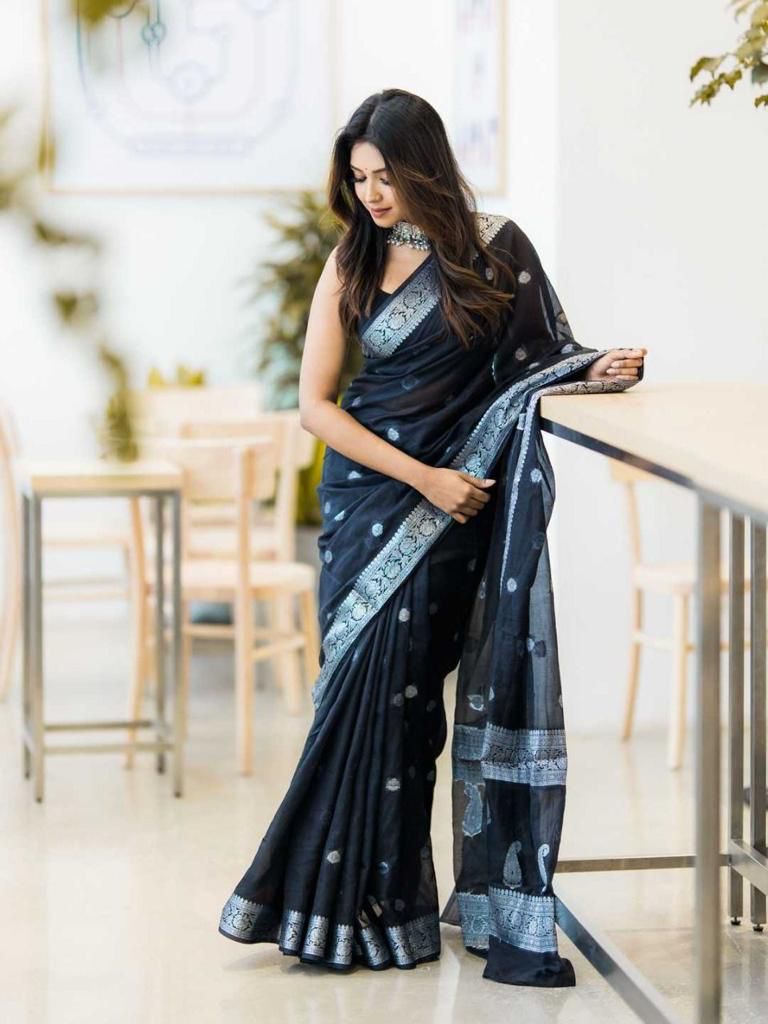 Jaguar Black Maheshawari Cotton Silk Saree - Shop authentic Indian Women's Fashion by Silk Folks