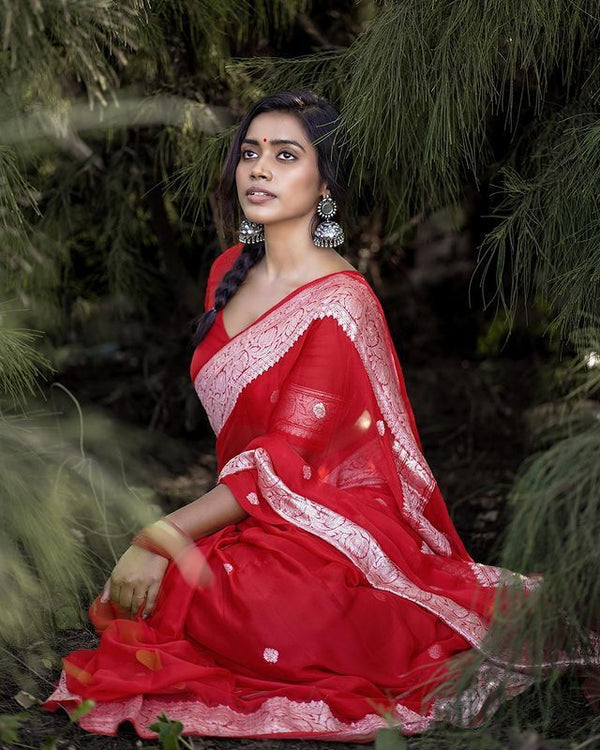 Cornell Red Maheshawari Cotton Silk Saree - Shop authentic Indian Women's Fashion by Silk Folks