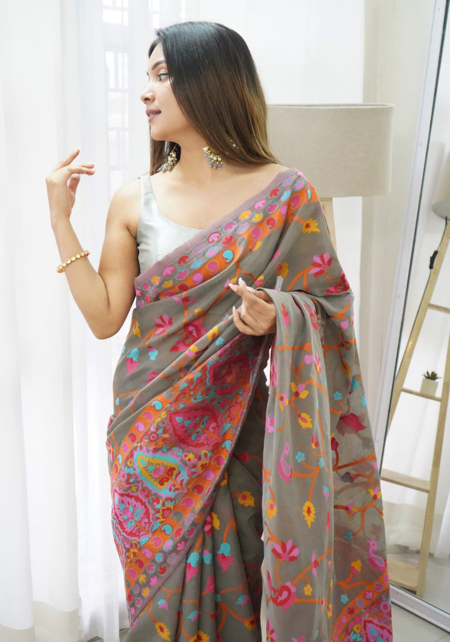 Smoky Grey Kashmiri Modal Pashmina Silk Saree - Shop authentic Indian Women's Fashion by Silk Folks