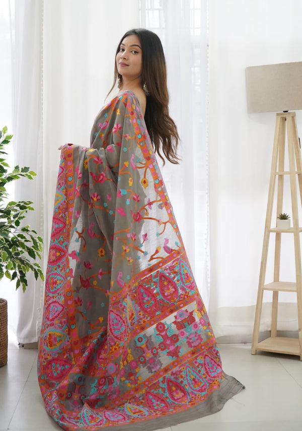 Smoky Grey Kashmiri Modal Pashmina Silk Saree - Shop authentic Indian Women's Fashion by Silk Folks